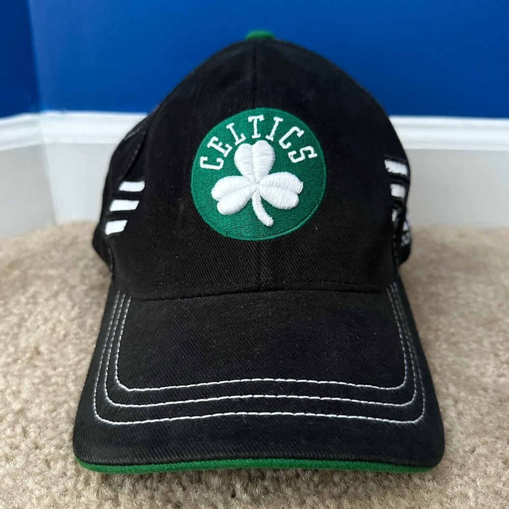 Boston Celtics Adidas Black Strapback Hat Cap Green Logo